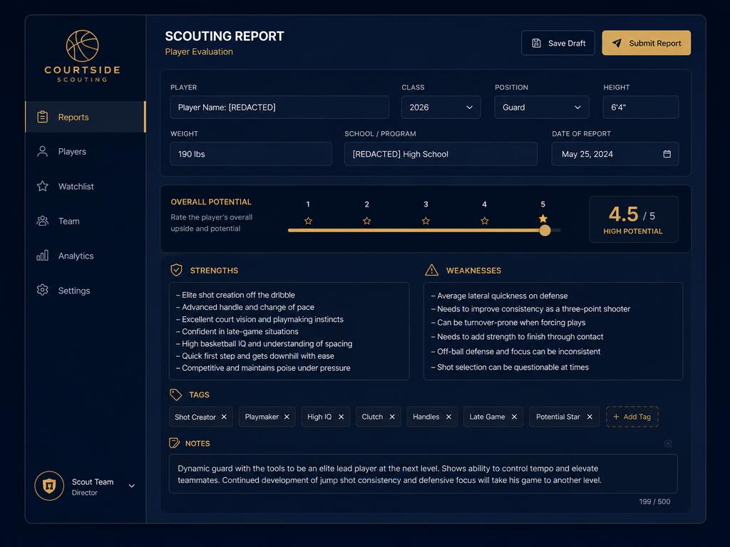 Scouting report form with ratings and notes filled in